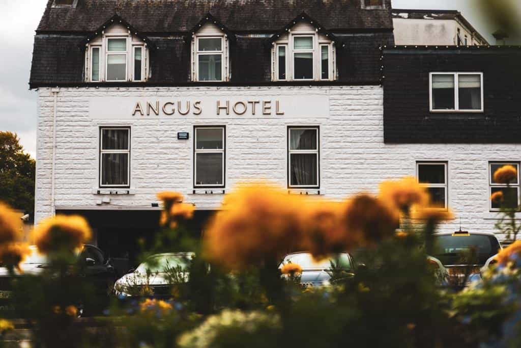 Angus Hotel exterior with white stone facade, dark roof, and blurred yellow flowers in foreground.