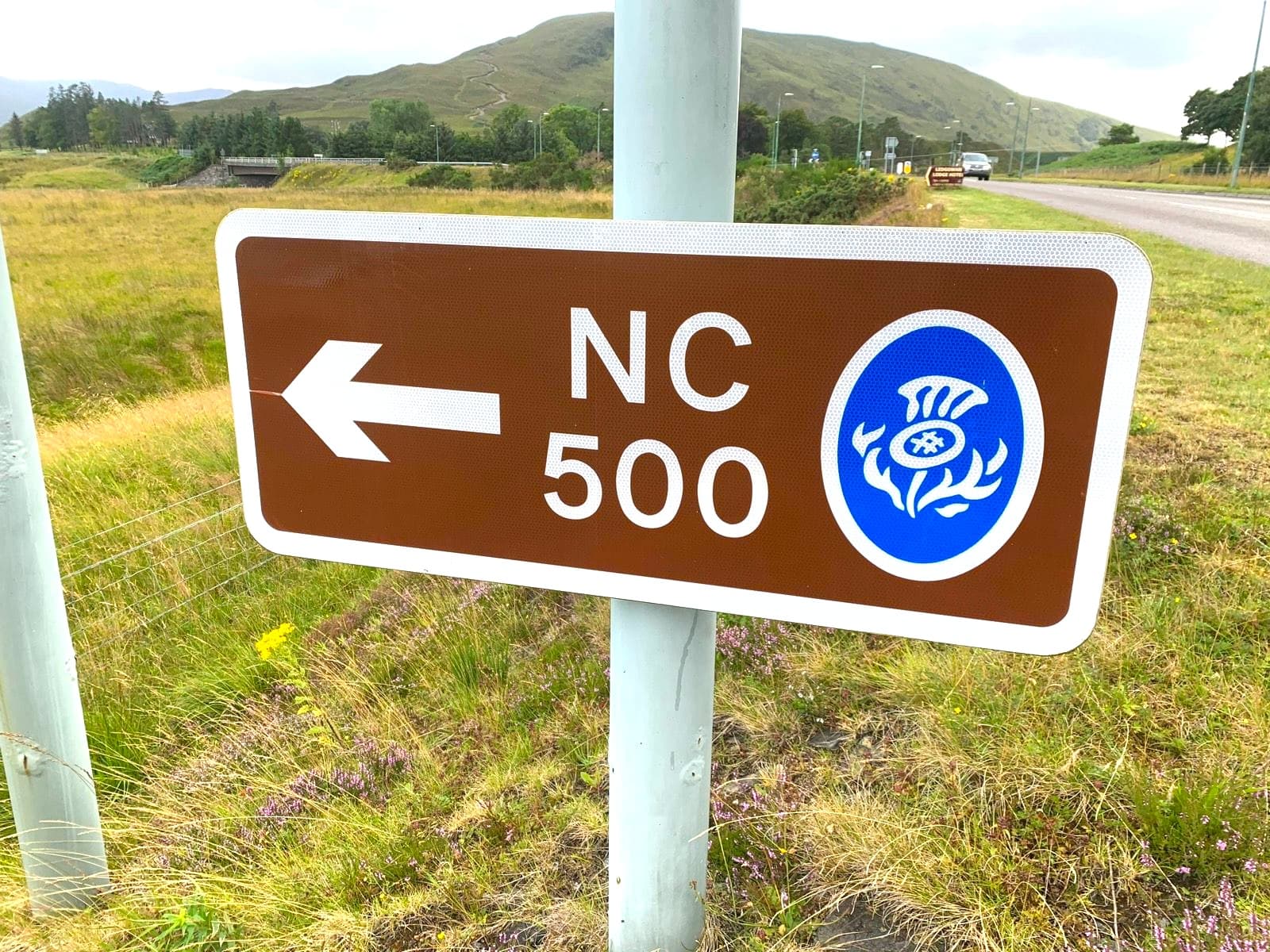 NC500 signpost with white arrow and blue thistle logo, set against a grassy roadside and green hill.