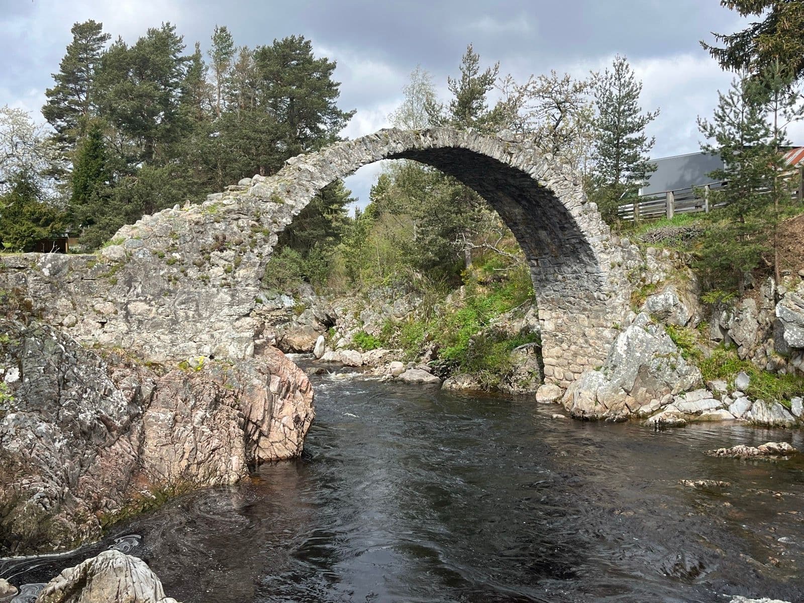 Stone arch bridge over dark river near pine forest, Inverness, Scotland