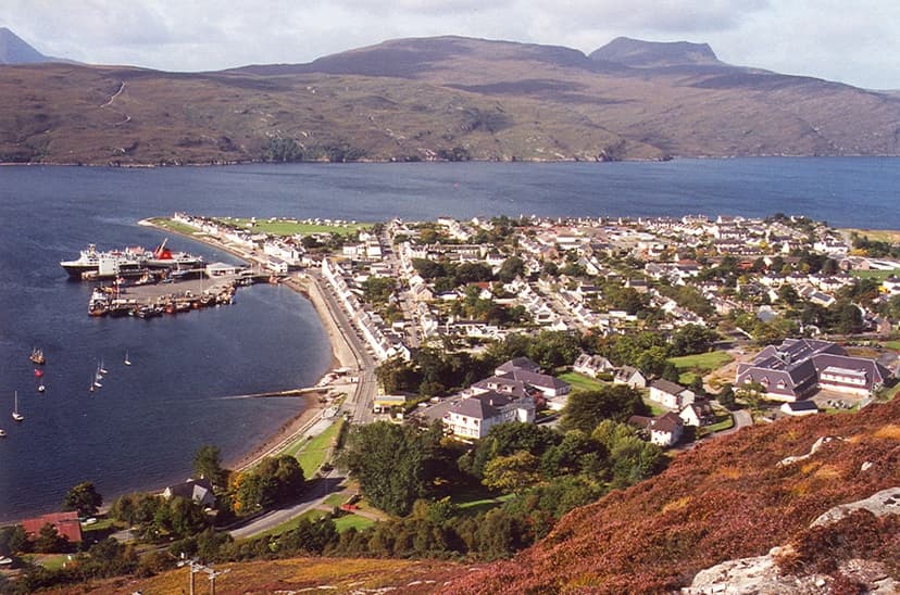 Ullapool and Loch Broom waterfront with ferry port and surrounding hills