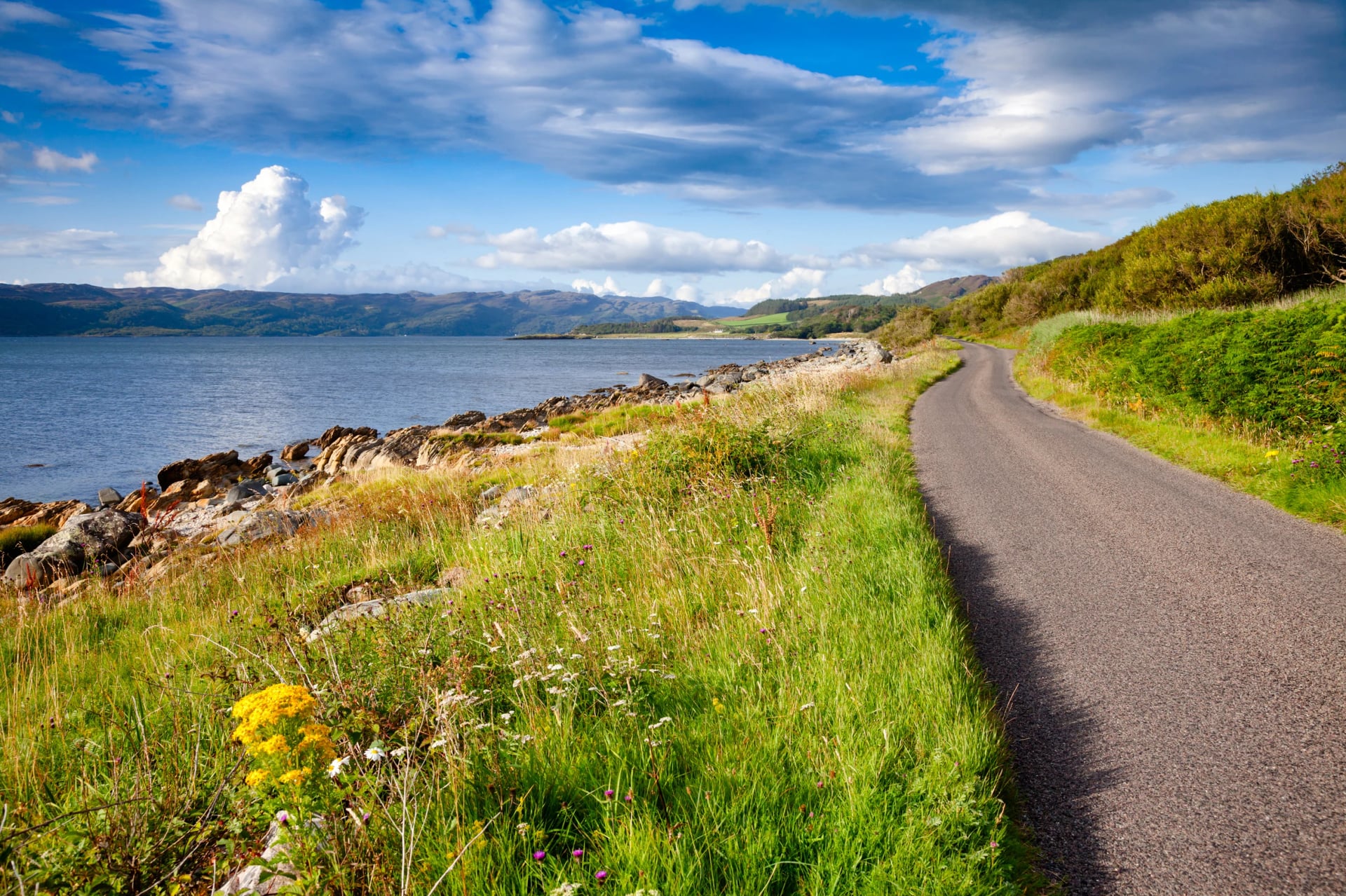 Scenic road along the Loch Caolisport at Kintyre peninsula Argyll and Bute Scotland UK